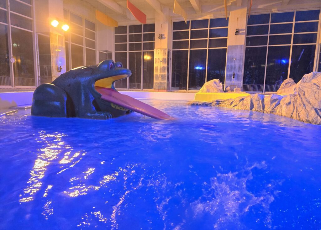 水の王国ラグーンにある大きなカエルの滑り台。青い照明でライトアップされ、子供たちが「暗くて怖い」と感じた場所。